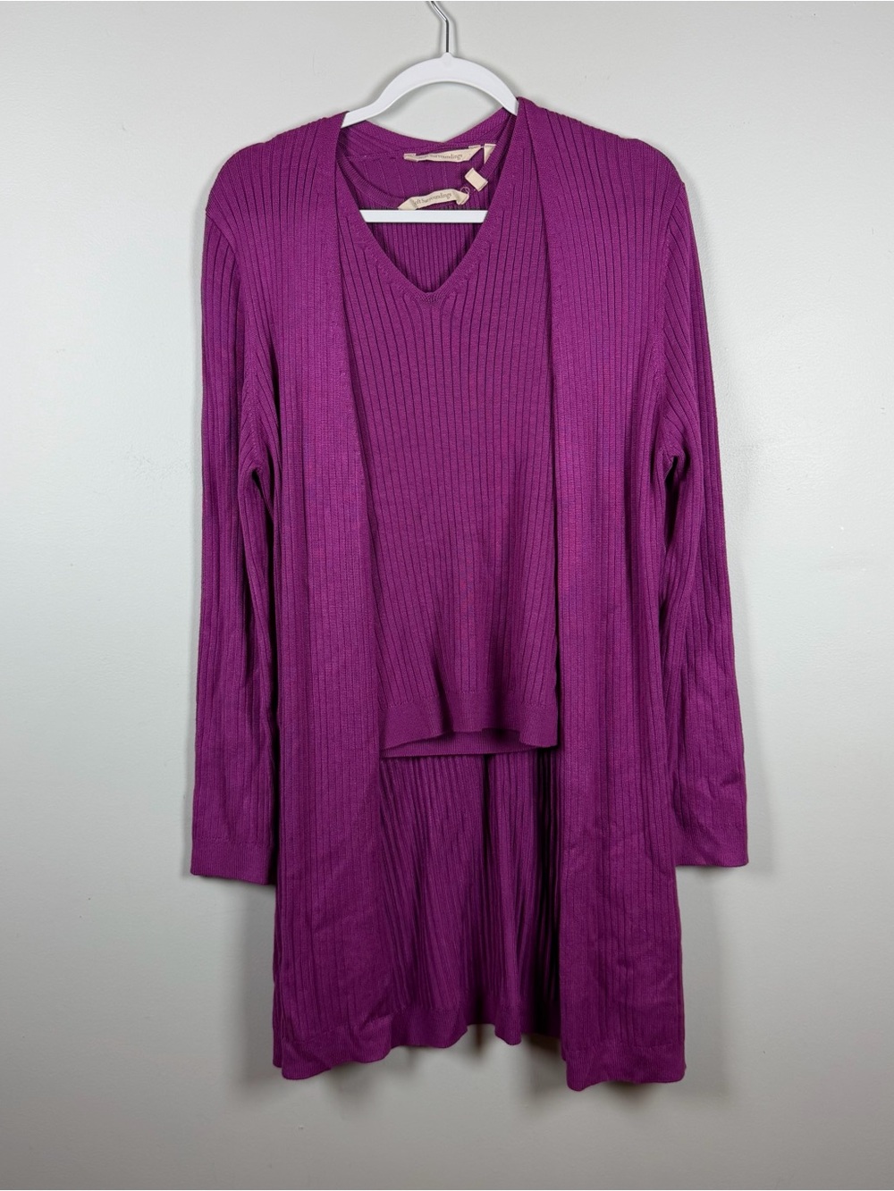 Soft Surroundings Purple Ribbed Tank Duster Cardigan Sweater Set Fall Size Small